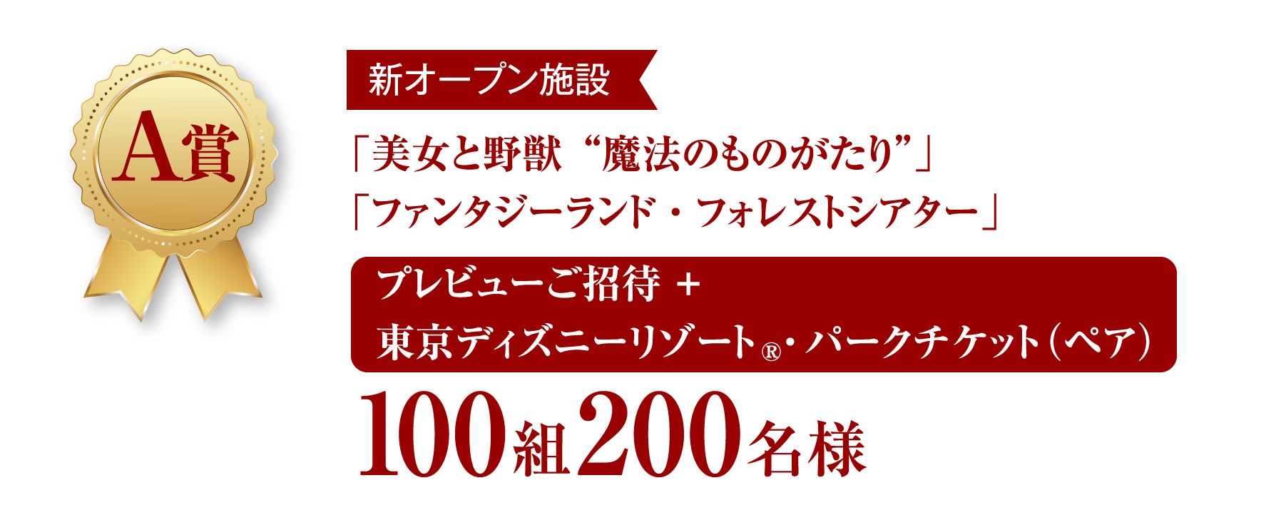 A賞　新オープン施設　「美女と野獣“魔法のものがたり”」「ファンタジーランド・フォレストシアター」　プレビューご招待 ＋ 東京ディズニーリゾートR・パークチケット（ペア）　100組200名様