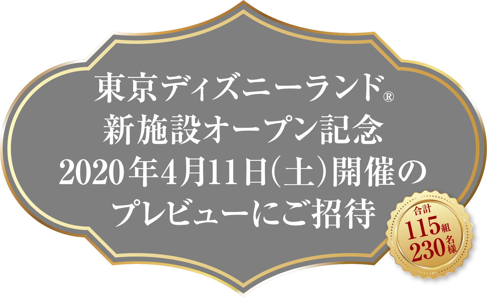 東京ディズニーランド 新施設オープン記念 2020年4月11日（土）開催のプレビューにご招待 合計115組230名様