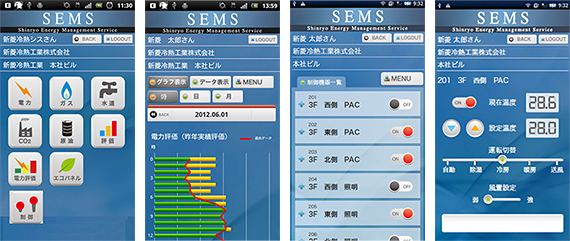 図3 スマートフォンによる見える化、および遠隔制御 (パッケージエアコン、照明)